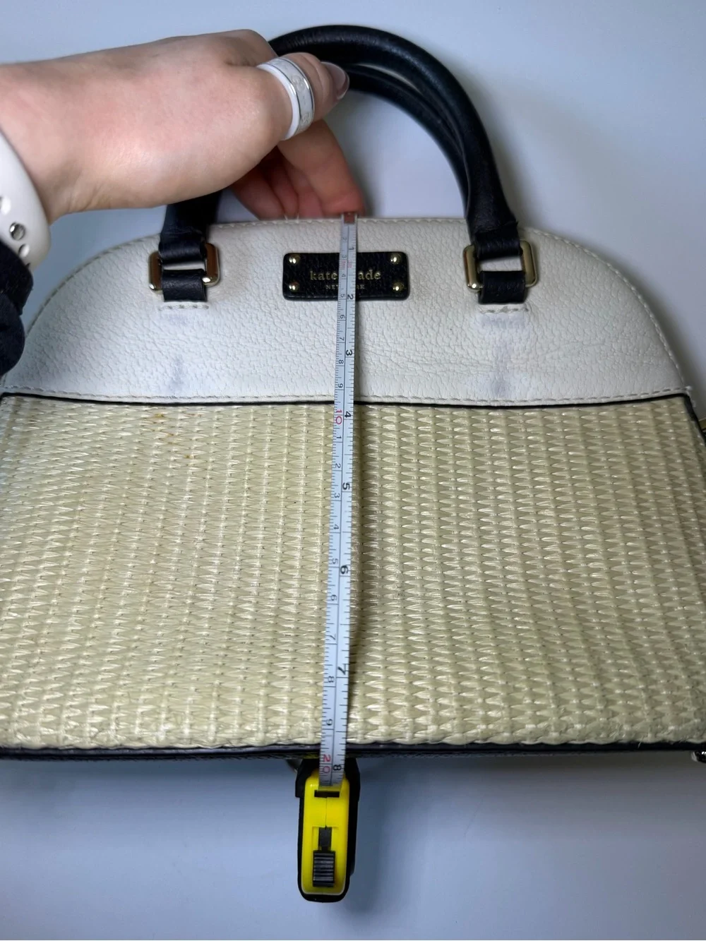 kate spade Cream and Black Woven Dome Satchel with Gold Hardware